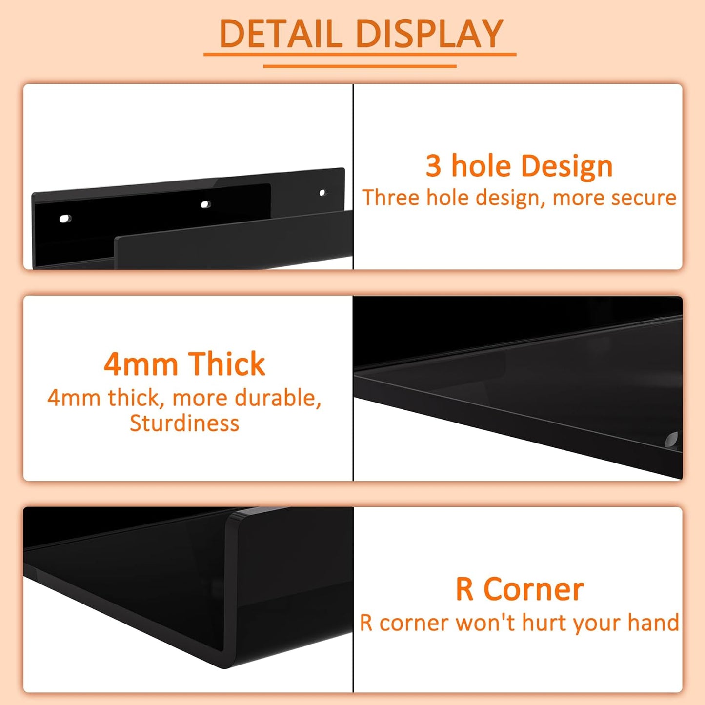 Skiennix 12-Inch Black Acrylic Wall Shelf - Stylish Wall-Mounted Storage Display | 2 Pack