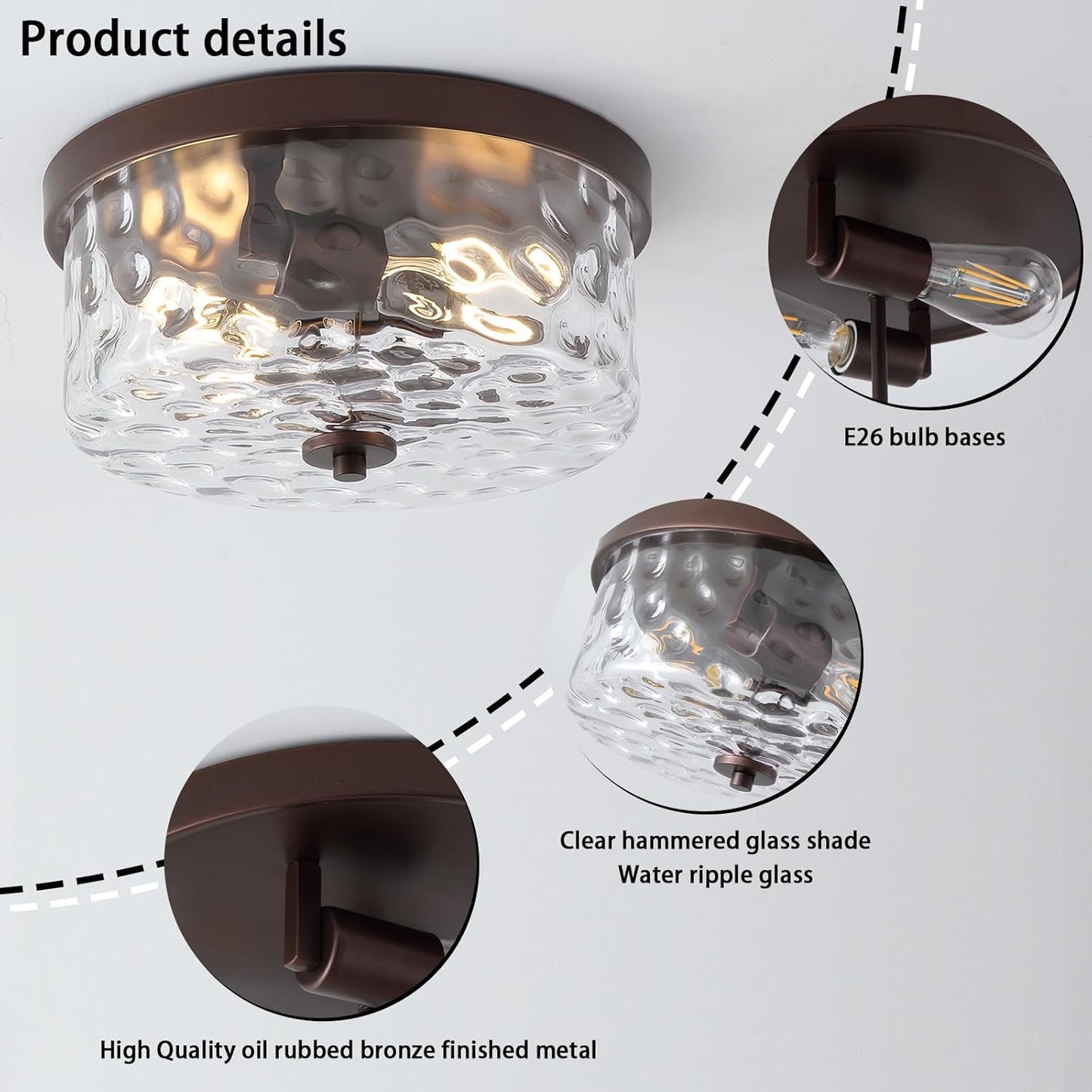 Hammered Glass Brushed Nickel Flush Mount Ceiling Light,2-Lights Modern Farmhouse Ceiling Lighting Fixture for Kitchen Hallway Bedroom,Indoor Antique Foyer Light