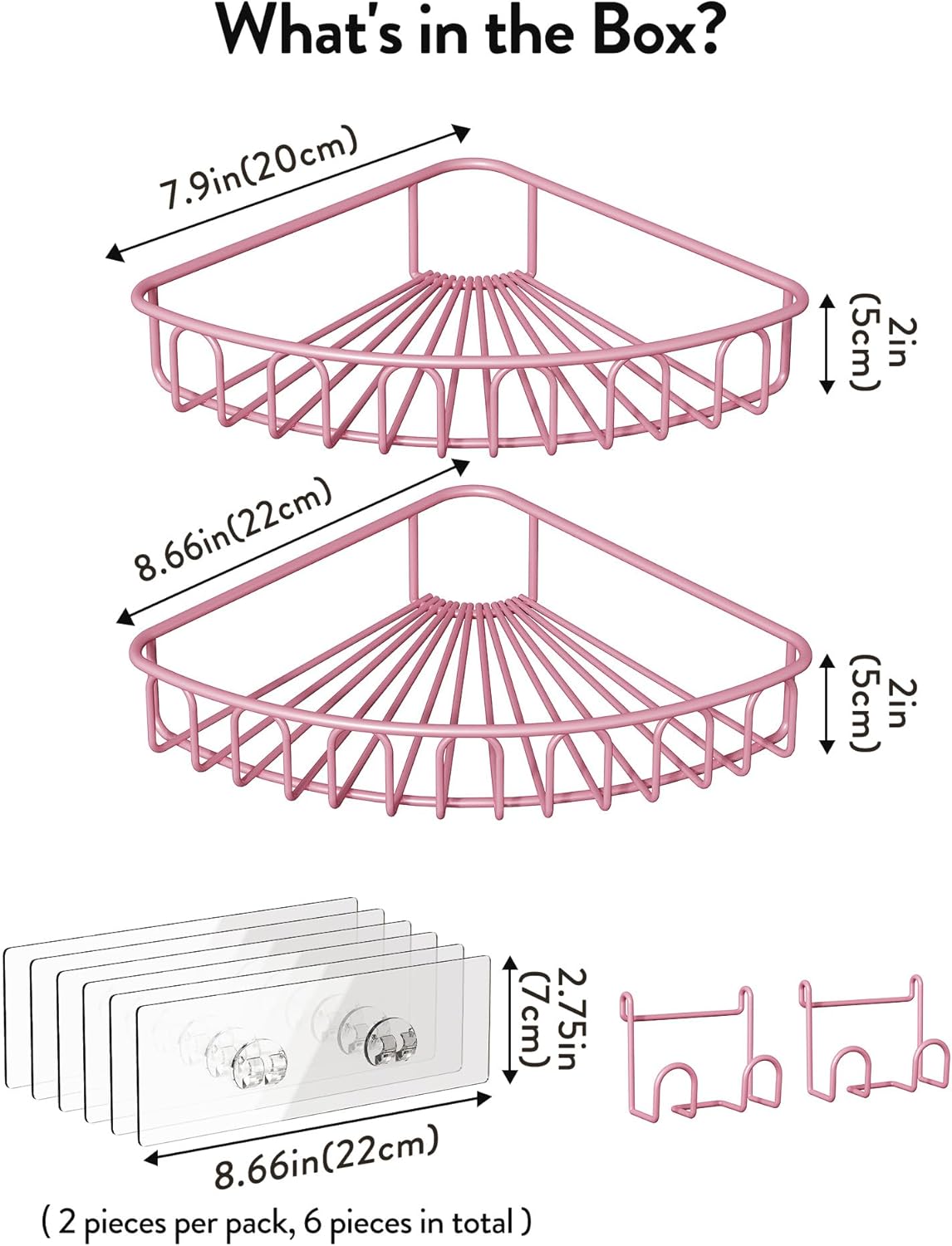 Orimade Corner Shower Caddy - Wall Mounted Metal Bathroom Organizer with 2 Hooks | No Drilling, Pink, 90-Degree Corner, 2 Pack