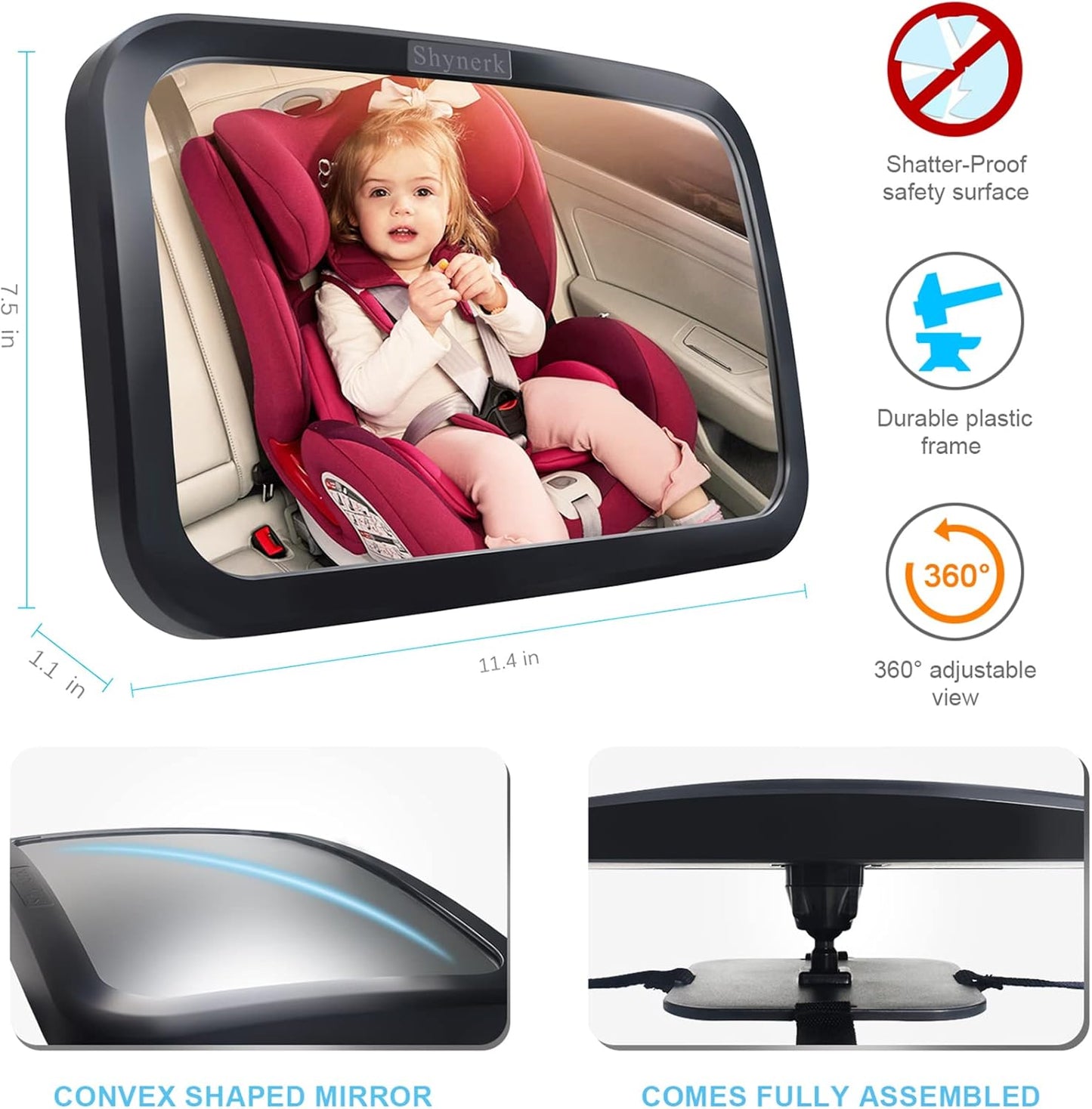 Shynerk Baby Car Mirror - Safety Rear Facing Infant Seat Mirror with 360° Rotation & Shatterproof Design