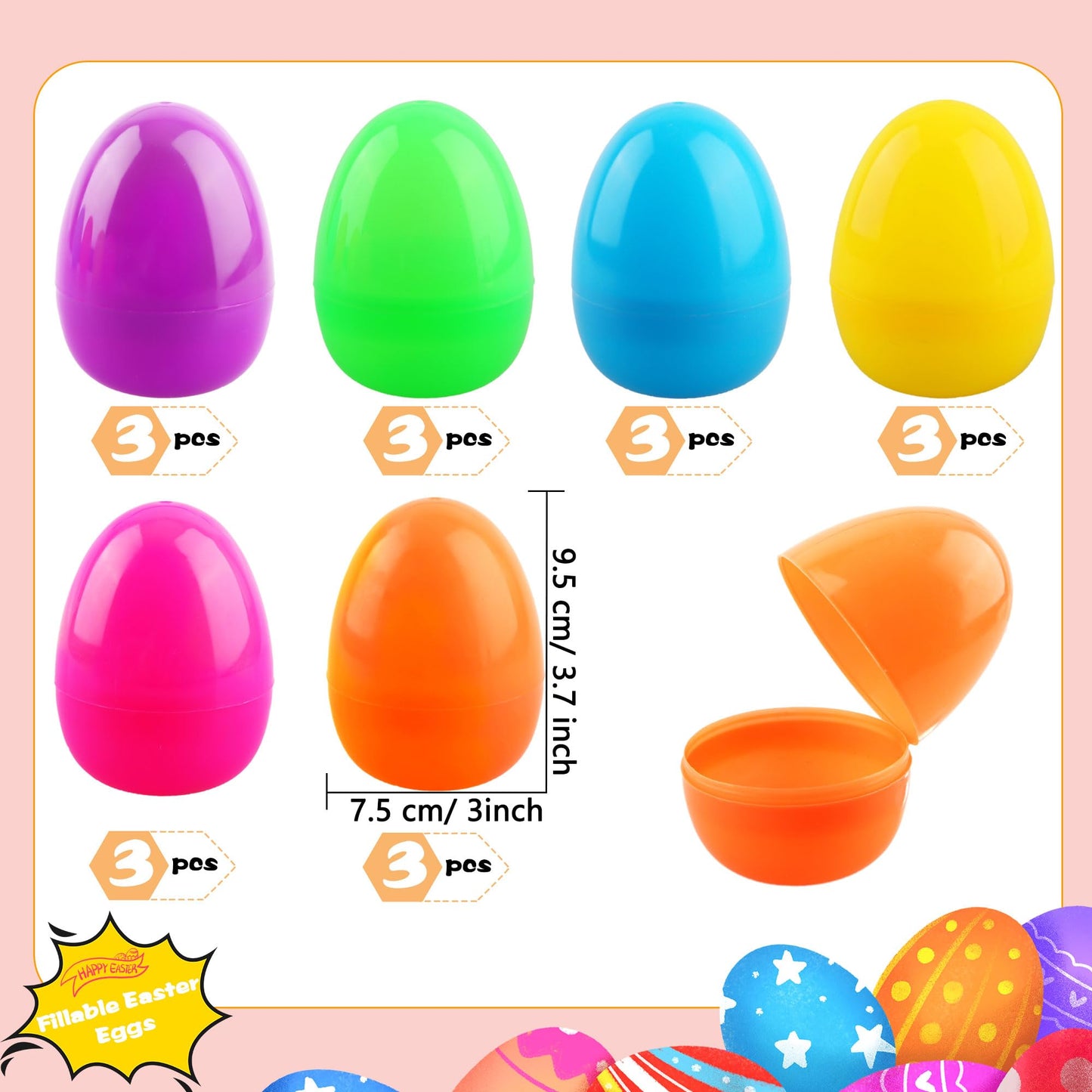 Sonarun 18 Pack 4 Inch Easter Eggs Colorful Fillable Easter Eggs Flat Bottom Plastic Easter Egg Empty Surprise Eggs for Easter Hunt Party Favor Refillable Basket Fillers