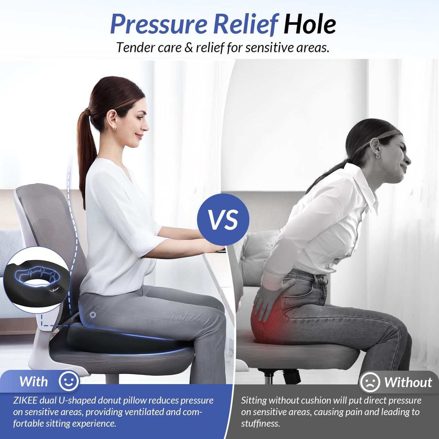 ZIKEE Donut Pillow Seat Cushion for Tailbone Pain, Hemorrhoid Pillow with Pressure Relief Hole & Thigh Slope Design for Postpartum & Post Surgery Sitting Relief, Donut Seat Cushion for Office & Home