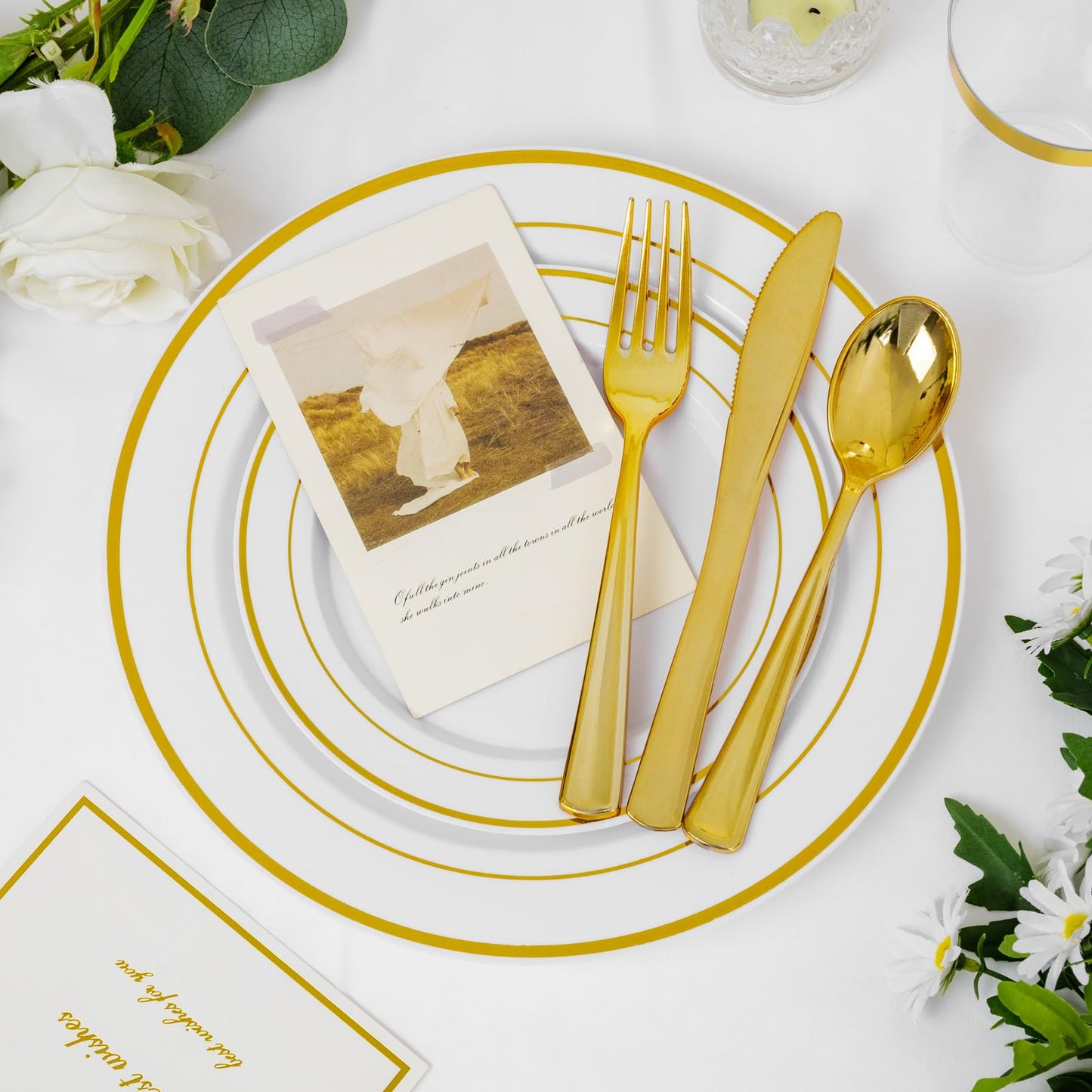 Supernal 400pcs Gold Glitter Plastic Dinnerware, Disposable Plates for Party Include 50 Gold Plastic Plate, 50pcs Dessert Plate 100 Glitter Forks, 50 Disposable Knives and Spoons, 50Cups and Napkins