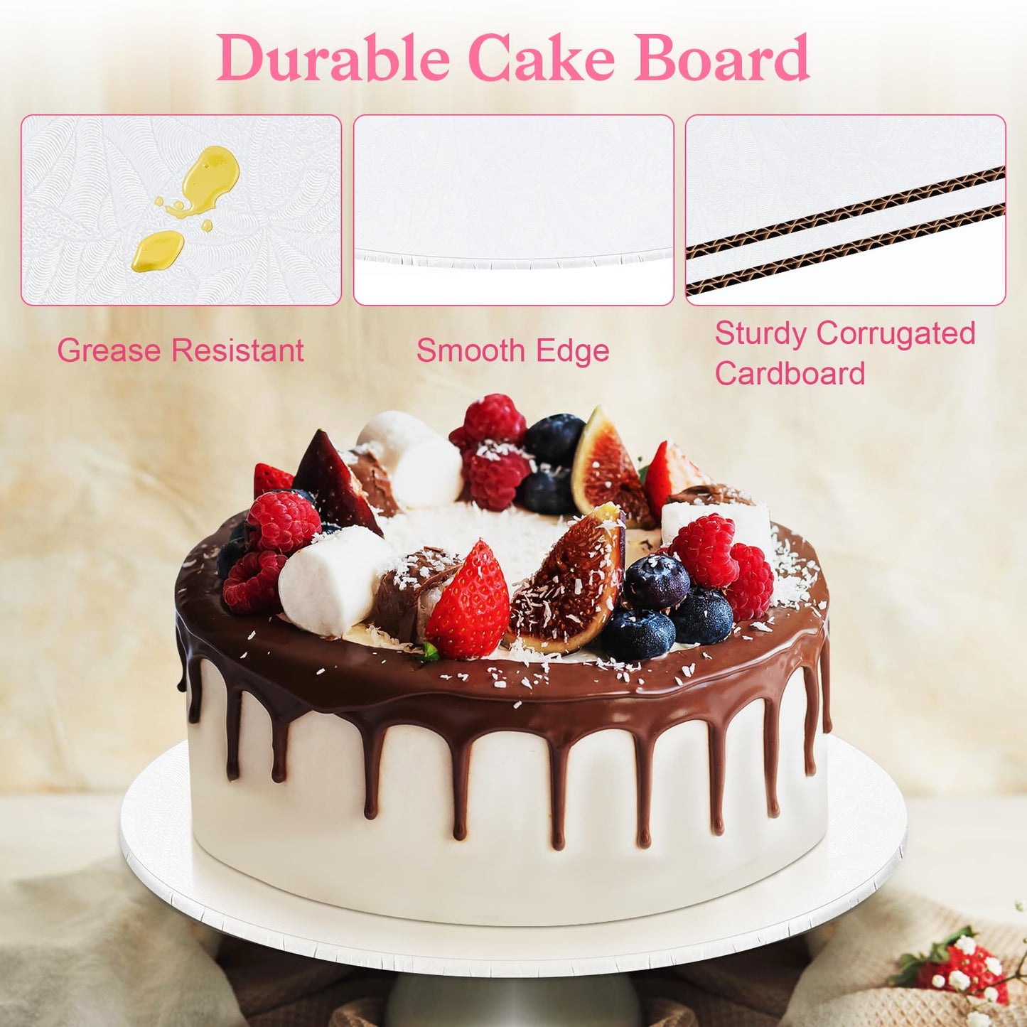 8 Inch Cake Drum, Cake Boards 8 Inch Round, 1/4" White 8in 10in 12in 14in Cake Drums Cardboard Base Board Circles for Pizza Wedding, 2 Pack