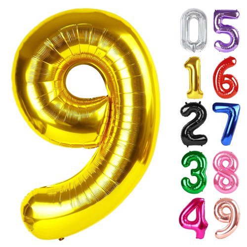 Gold Number 9 Balloon 40 Inch, 9th Birthday Party Decorations for Children, Giant 9 Foil Balloon for Party Supplies