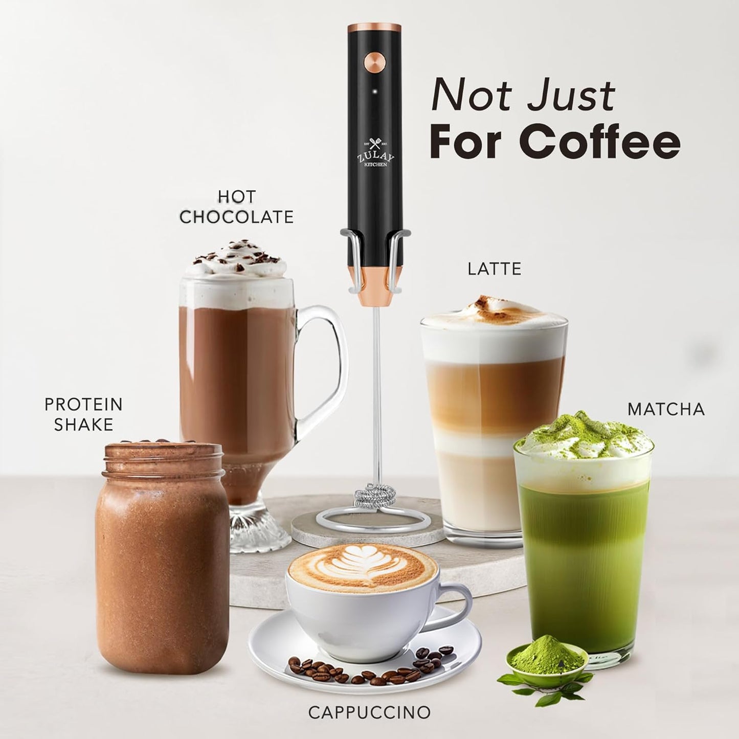 Zulay Kitchen Rechargeable Milk Frother - Powerful 2-Speed Mixer with 4 Whisks, Waterproof, 2000mAh Battery - Dark Copper for Lattes & Cappuccinos