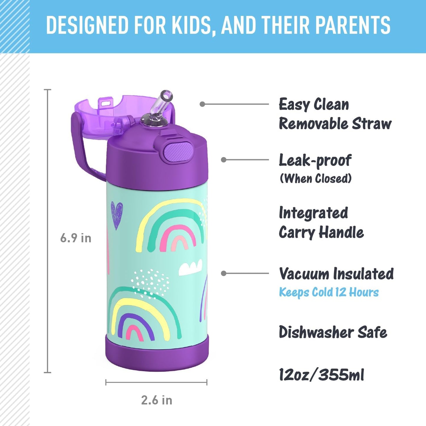 THERMOS FUNTAINER Water Bottle - 12 Ounce Kids Stainless Steel Vacuum Insulated with Straw | Rainbows