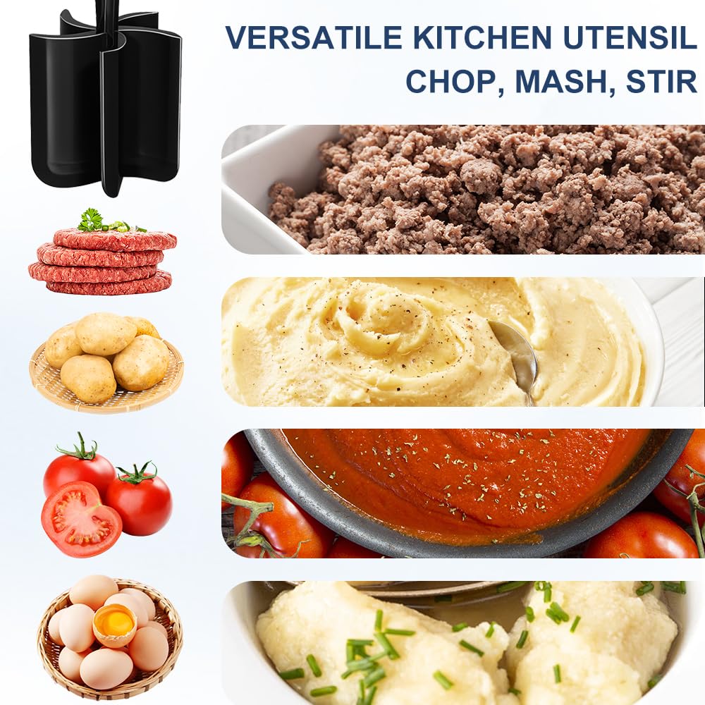 VUCVOLH Meat Chopper, Premium Heat Resistant Meat Masher, 5 Blades Ground Beef Masher, Non Stick Hamburger Smasher, Nylon Potato Masher, Dishwasher Safe, Black