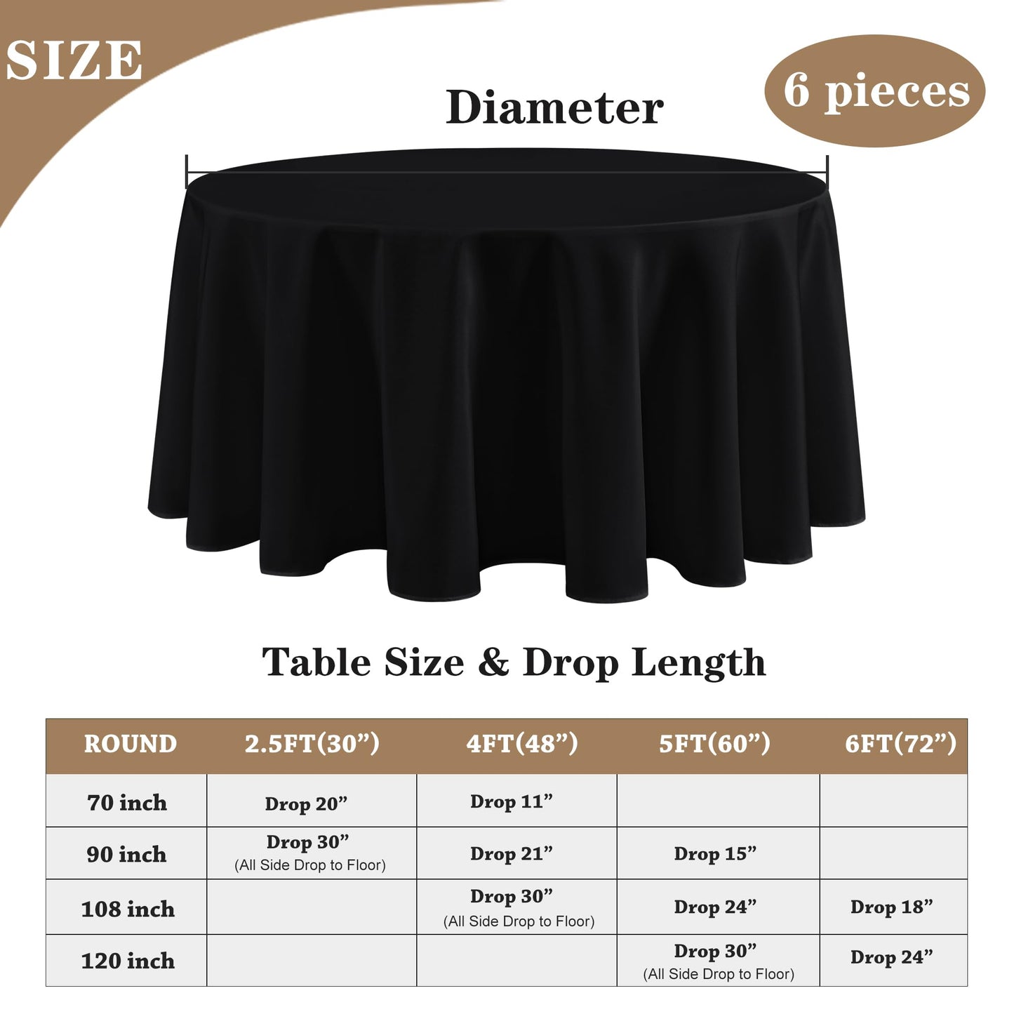 Fitable 6 Pack Black Round Tablecloths - 120 Inches in Diameter - Stain Resistant and Washable Table Clothes, Polyester Fabric Table Covers for Wedding, Party, Banquet, Formal Events