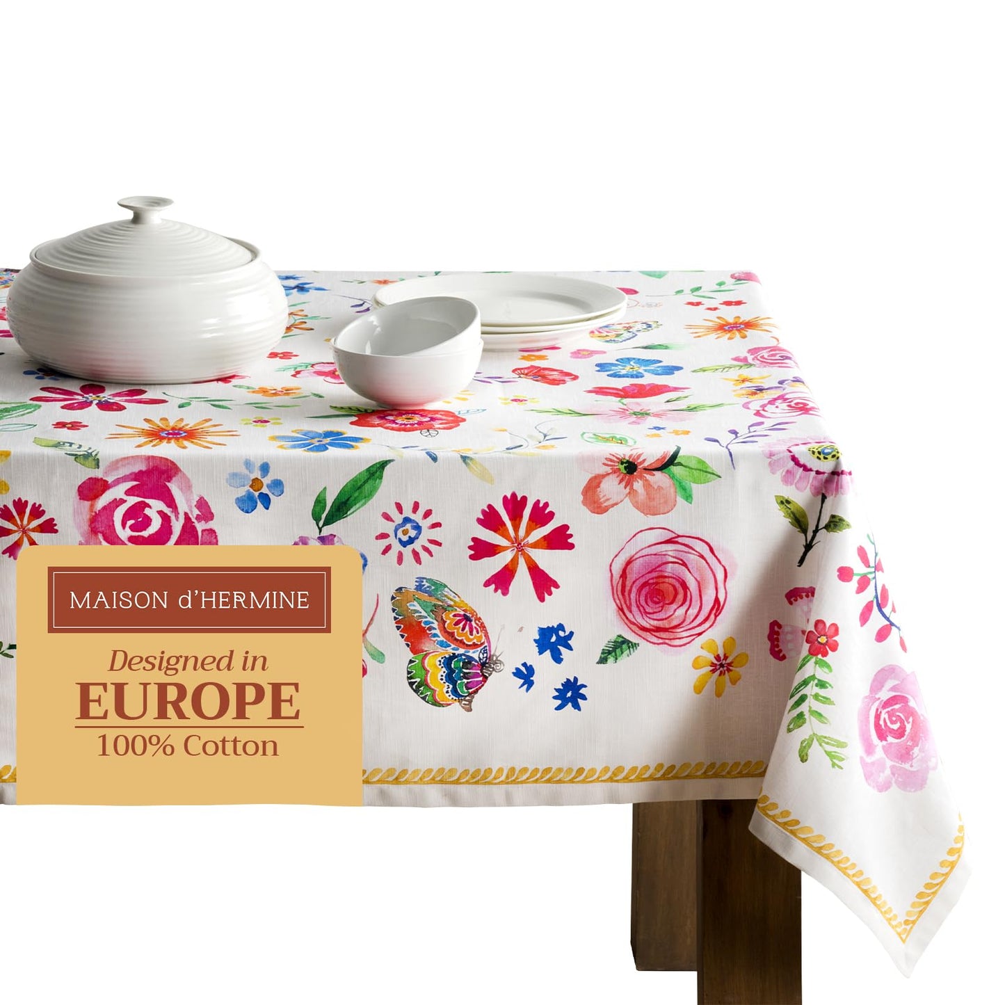 Maison d' Hermine Table Cloth Rectangle Table 100% Cotton 70 x 90 Inches Tablecloth Reusable Decorative for Dining Kitchen Farmhouse Home Gifts for Mothers Day Spring Summer - Happy Florals - Sweety