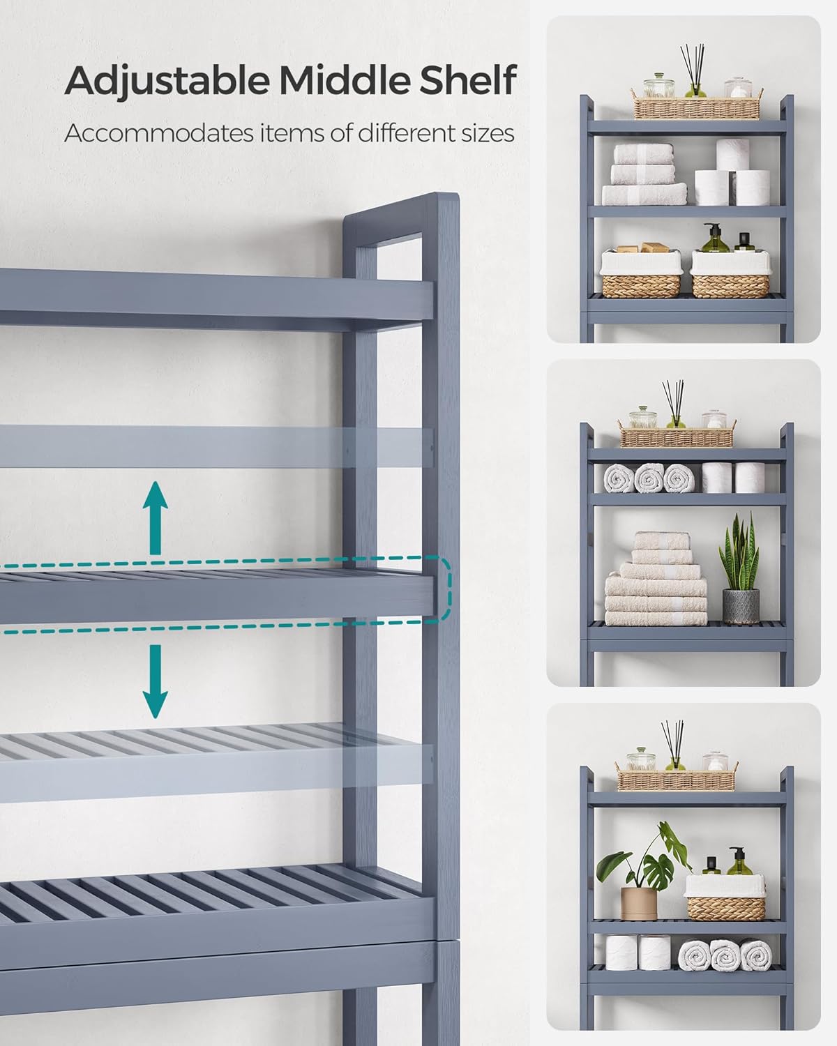 SONGMICS Over The Toilet Storage - 3-Tier Bathroom Organizer with Adjustable Shelf | Space-Saving Gray, 10.2 x 24.8 x 66.9 Inches