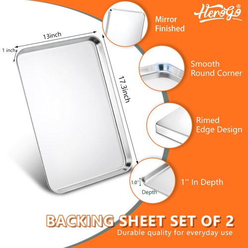 Herogo Stainless Steel Baking Sheet Pan Set, 17×13×1 Inch Rectangle Cookie Sheet Bakeware Set for Oven, 2 Pack Multipurpose Kitchen Cookware, Non Toxic & Heavy Duty & Easy Clean-Extra Large