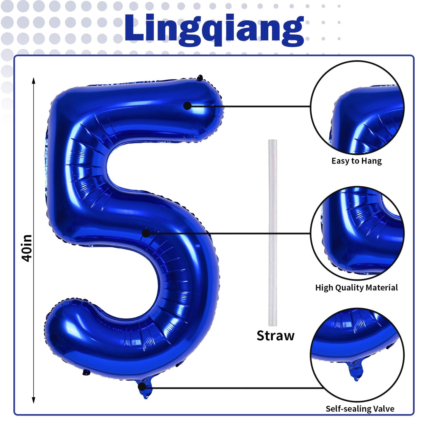 Navy Blue 5 Balloons, 40" Giant Helium Foil Number 0-9 Dark Blue Birthday Balloon for Boys, Self Inflating Digit 5 Balloons for Men Anniversary New Year Party Decorations Supplies