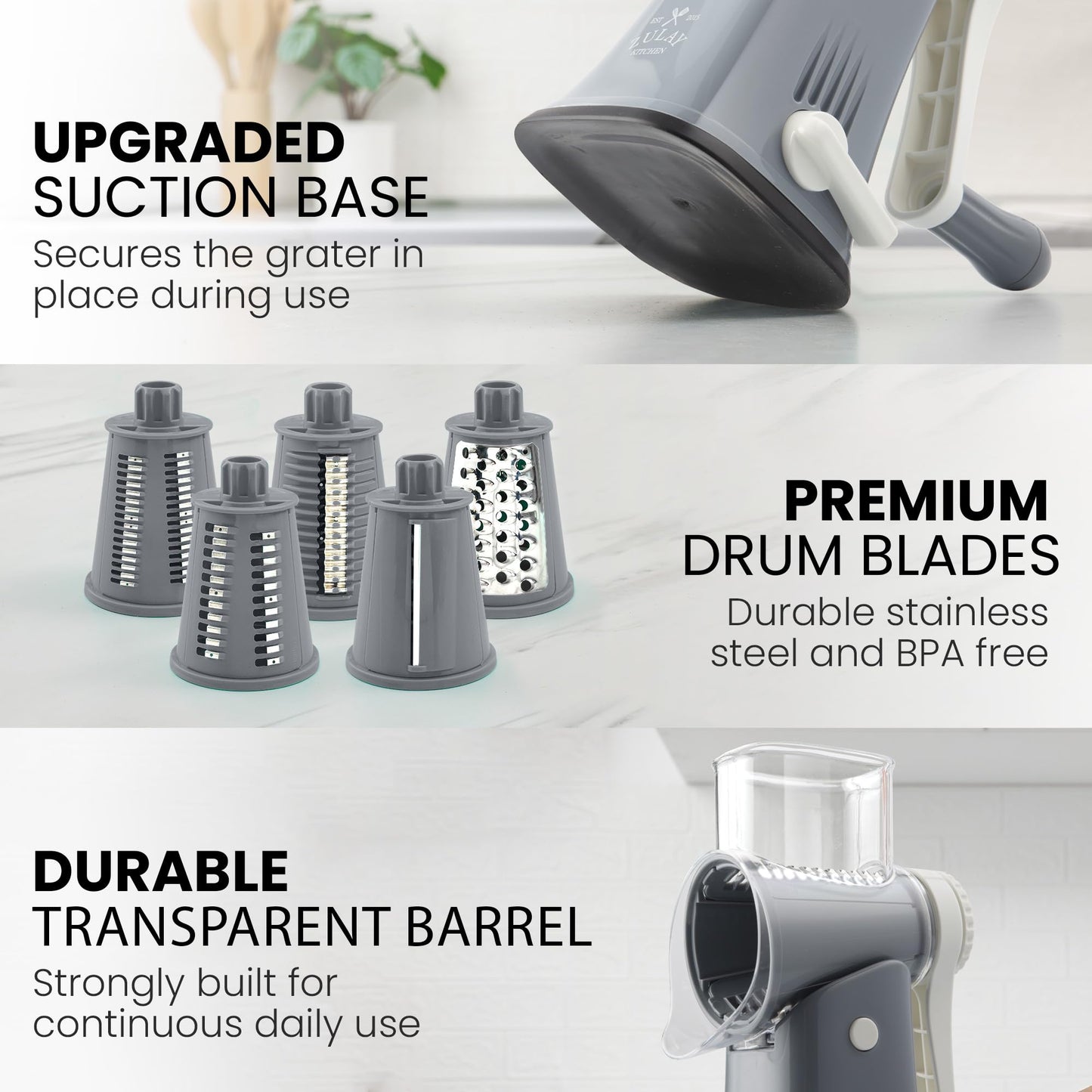 Zulay Rotary Cheese Grater 5 Blade Cheese Shredder - Manual Hand Crank Cheese Grater With Reinforced Suction & 5 Interchangeable Drums - Easy to Use Vegetable Chopper - Cloud Whisper