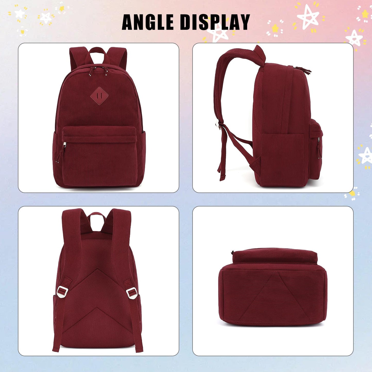Esfoxes Corduroy Backpack for Girls, Kids Teens Elementary Middle High School Bags Women College Bookbags Travel Daypacks (Wine)