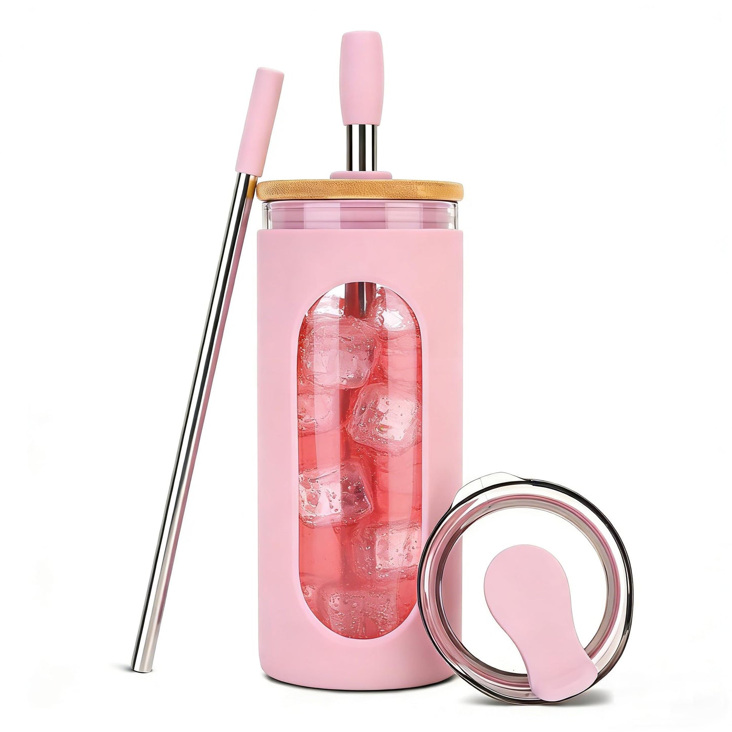 Sursip 20 oz Glass Tumbler with Lids and Straws, Reusable Borosilicate Glass Iced Coffee Cup with Bamboo Lid for Smoothie Boba Juice,Travel BPA-Free - Pink