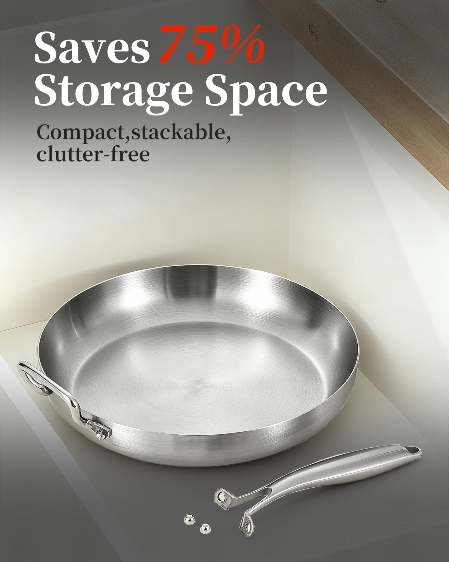 Bzayeat 14-Inch Tri-Ply Stainless Steel Frying Pan with Lid & Detachable Handle - Induction Compatible Skillet, Oven & Dishwasher Safe, Ideal for Frying, Sautéing & Simmering