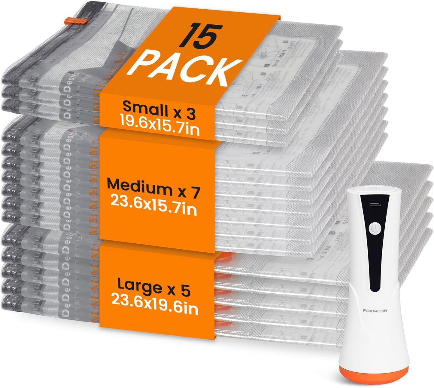 Skiennix Vacuum Seal Bags - 15 Pack Compression Space Saver Bags with Rechargeable Cordless Pump for Travel and Storage