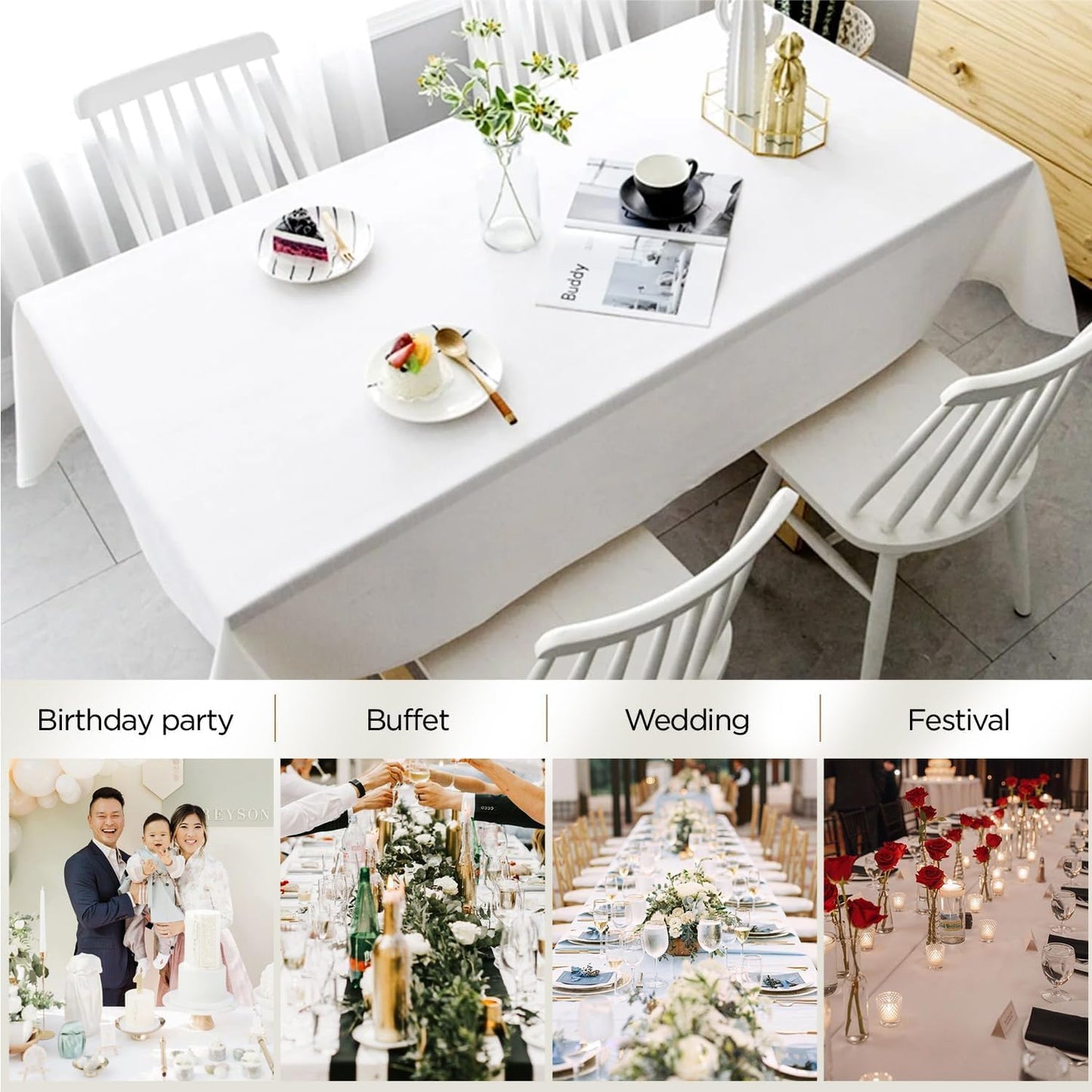 White Tablecloths for Rectangle Tables 10 Pack 60 x 126 Inches Reusable and Washable Table Clothes for 6-8 Ft Tables Polyester Fabric Wrinkle Resistant Heat Proof Table Covers for Wedding Party