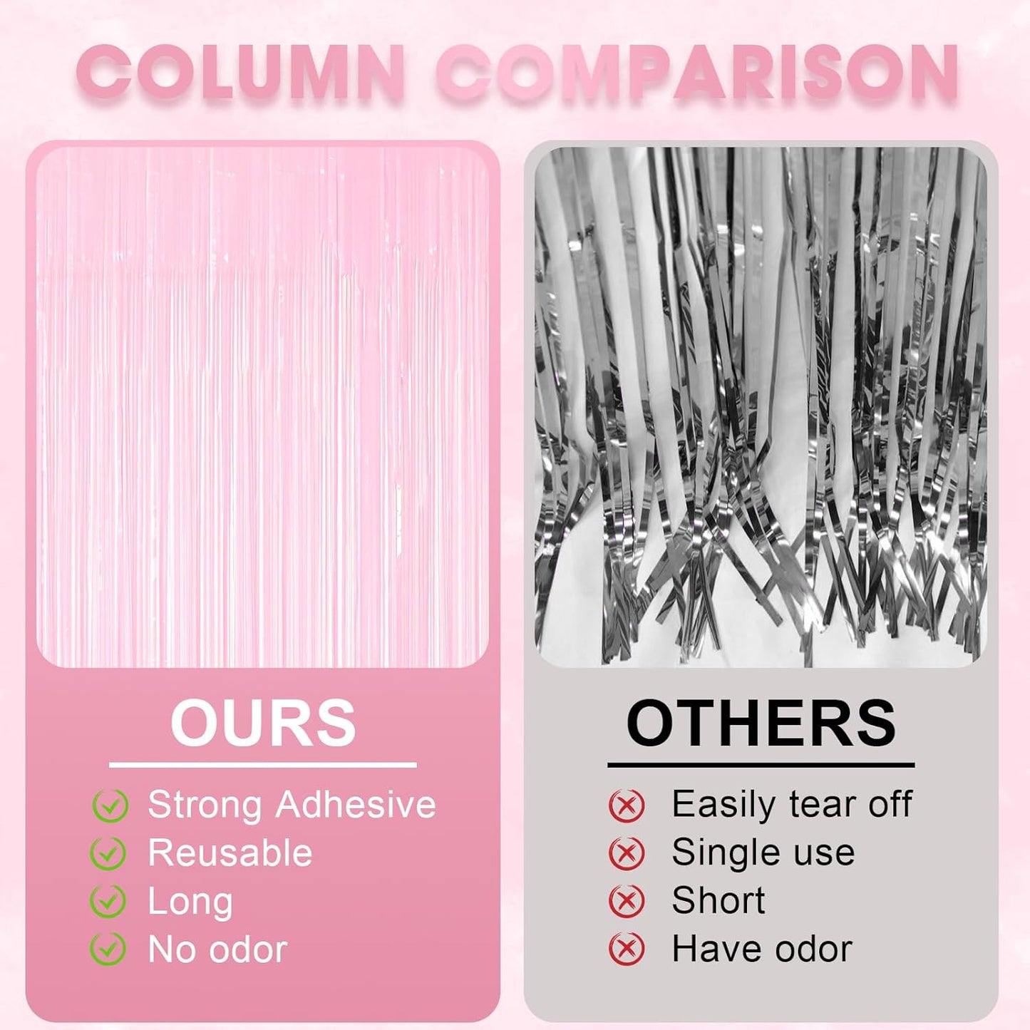 Voircoloria Foil Fringe Backdrop Curtains - 3 Pack of 3.3 x 8.2 ft Pasel Pink Tinsel Streamers for Parties