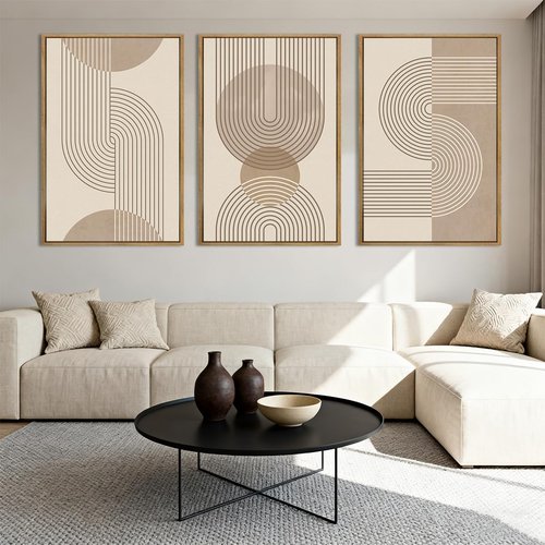 Anyzal Large Abstract Wall Art - Framed Boho Geometric Line Artwork | Minimalist Beige Painting Set of 3 (24''x36'') for Home & Office