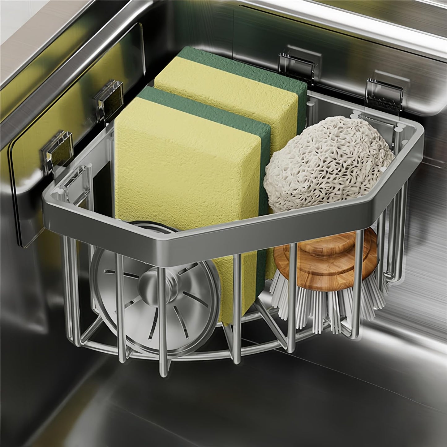 COKOEYSDR Wall Mounted Sink Caddy Organizer, Carbon Steel Kitchen Sponge Holder with 2 Adhesive Hooks, Triangular Drain Rack, 5.27x5.27x3.54 Inch (Grey)