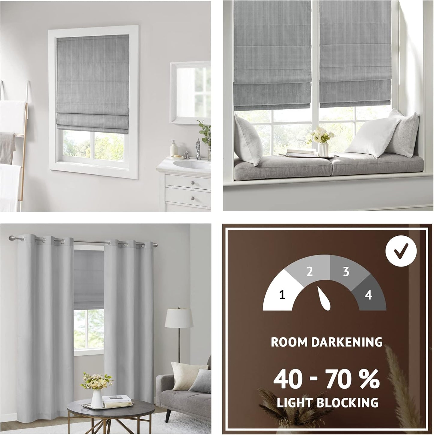 Madison Park Galen Cordless Roman Shade, 31" W x 64" H, Charcoal – Room Darkening, Thermal Insulated, Energy Efficient Window Blind with Subtle Sheen Basketweave Fabric for Privacy