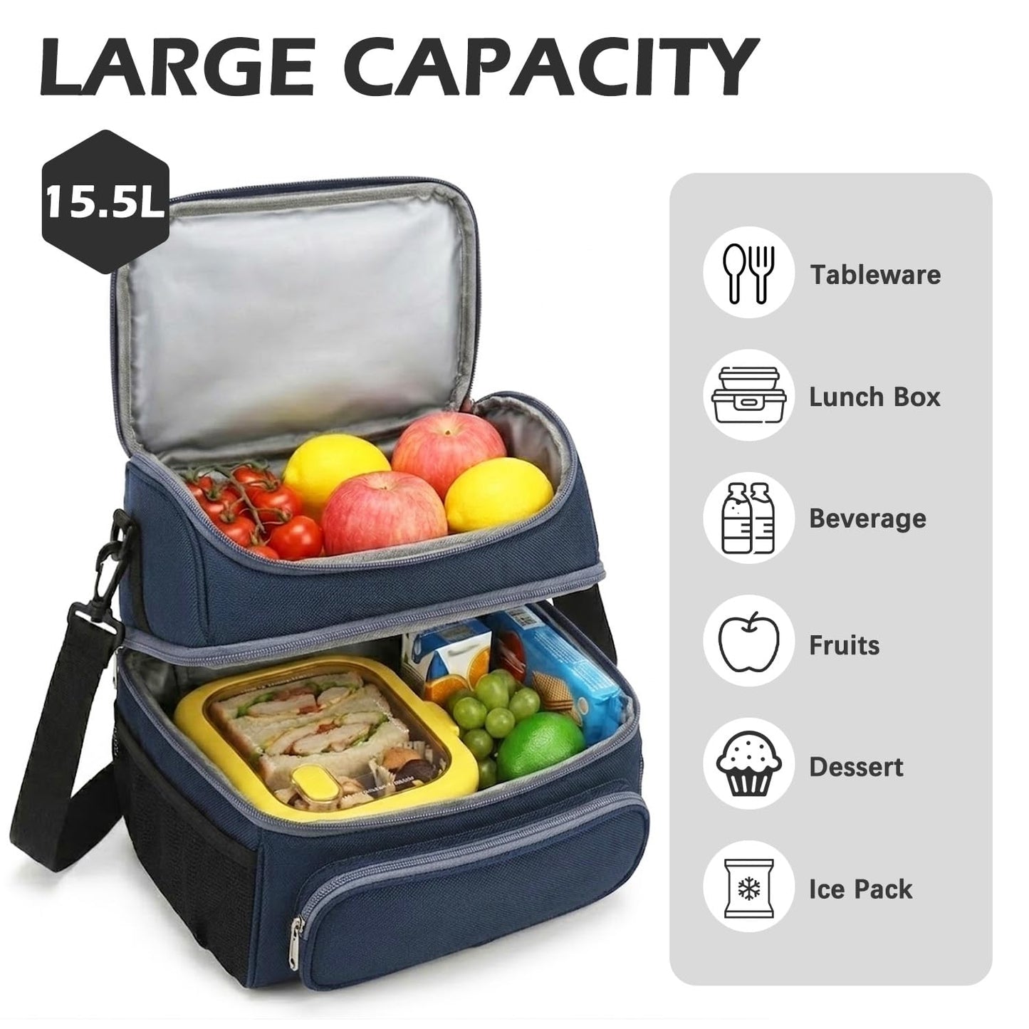 FlowFly Double Layer Cooler Insulated Lunch Bag Adult Lunch Box Large Tote Bag for Men, Women, With Adjustable Strap,Front Pocket and Dual Large Mesh Side Pockets,Cyan