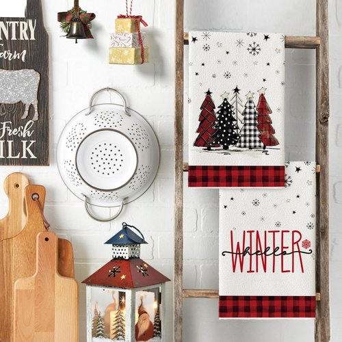 Artoid Mode Christmas Kitchen Towels - Red Black Buffalo Plaid Snowman Design | Set of 4, 18x26 Inch