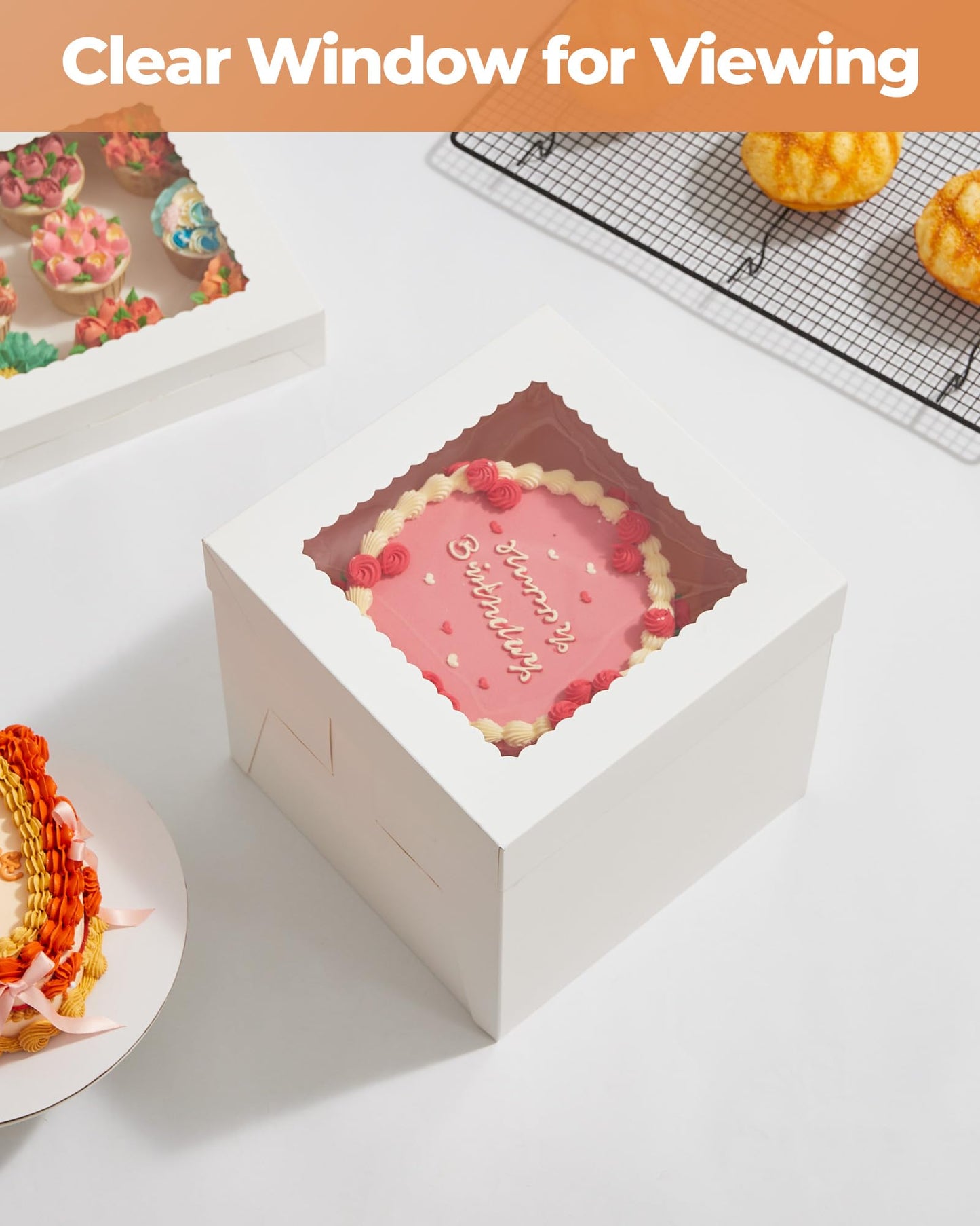Kootek Cake Box with Board Drum, 10x10x10 Inches Tall Bakery Box with Window, Disposable Cake Container with Lid for Cake, Treat Cookie Dessert, Pastry, Birthday Party, Weddings