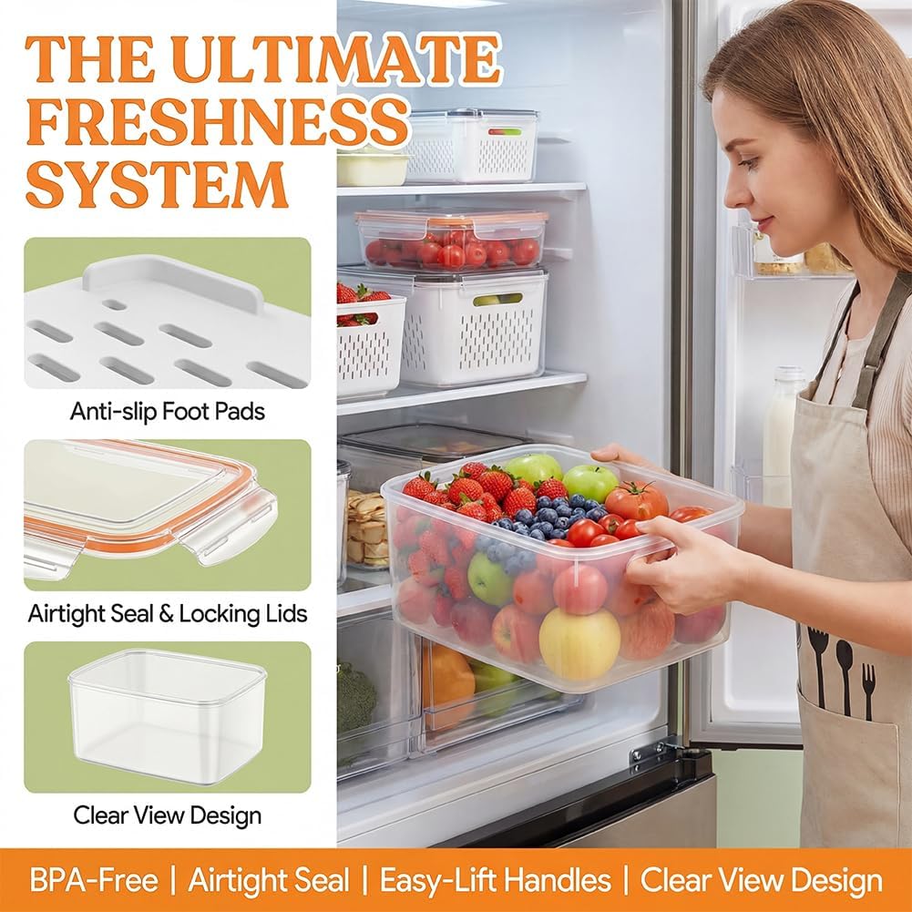Skiennix 4-in-1 Food Storage Container - Versatile Fruit Storage with Removable Colanders | Gray, Small & Medium