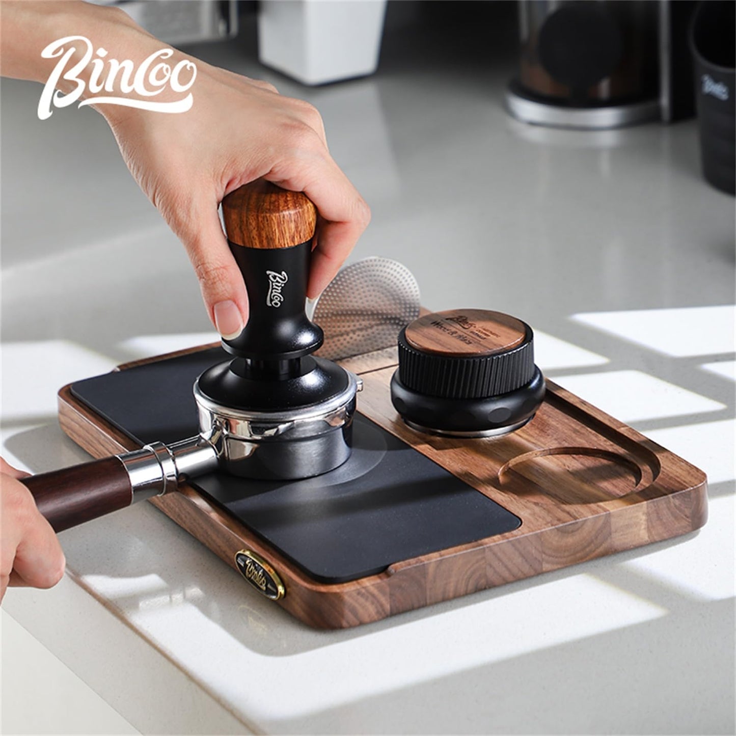 Bincoo Wood Espresso Tamping Station for 51 53 54 58mm Espresso Tools,Tampere Holder Station with Multi-Slot for Home Coffee Bar,Tamping Mat for Counter(WOOD)