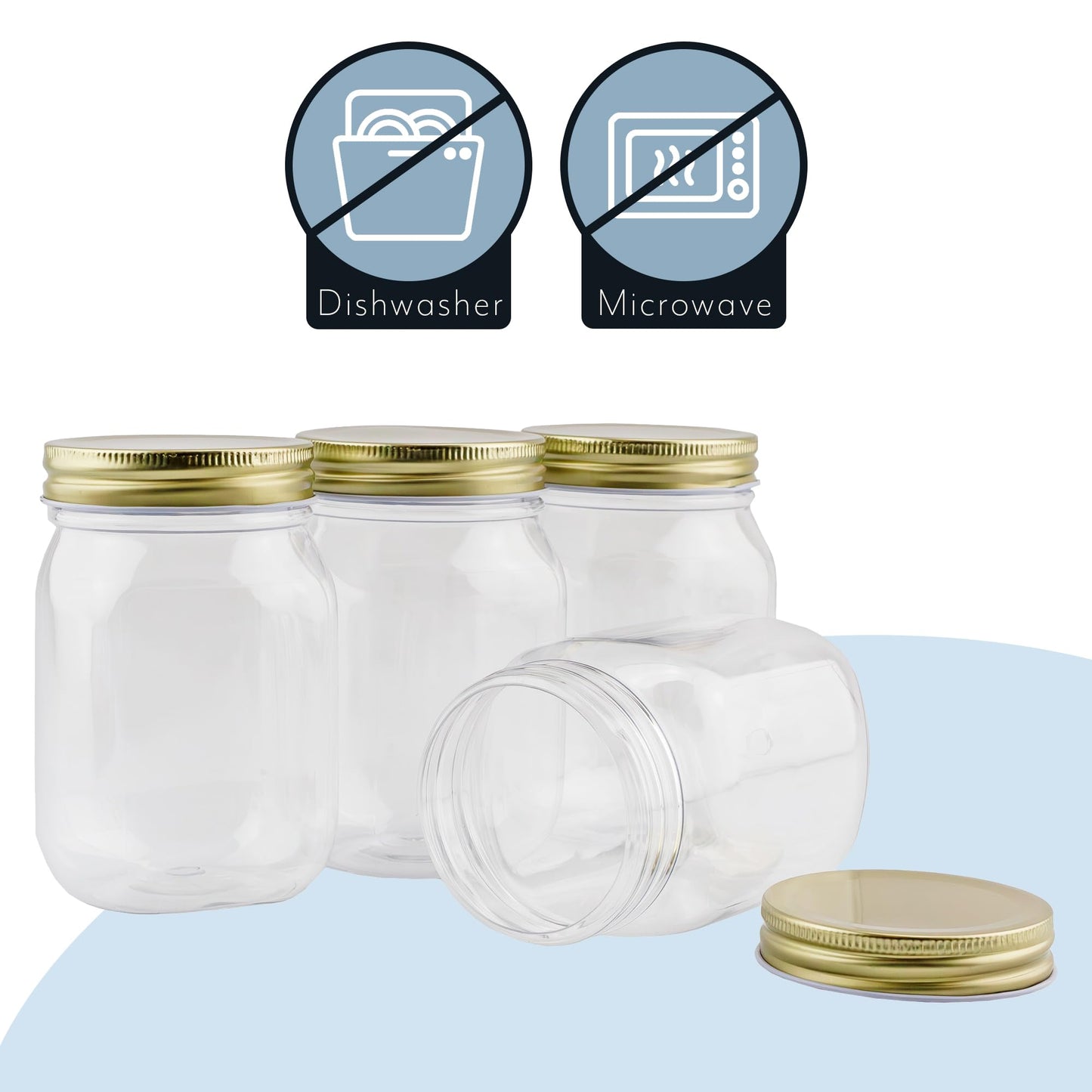 Cornucopia Brands 16oz Clear Plastic Mason Jars (8-Pack, Gold Metal Lids); PET BPA-Free Mason Style w/One Piece Lids, 2-Cup/Pint Capacity