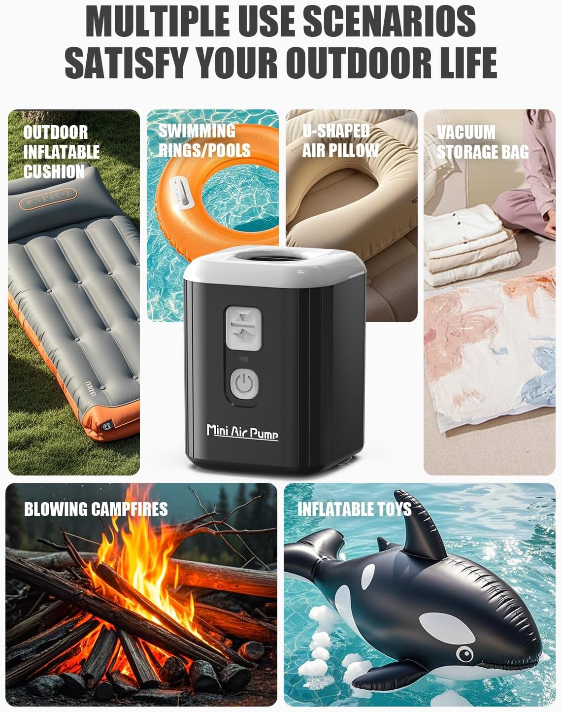Skiennix Portable Air Pump - Mini Electric Inflatable Pump with 1600mAh Battery & Camping Light | Ideal for Air Mattresses, Pool Floats, Vacuum Storage Bags