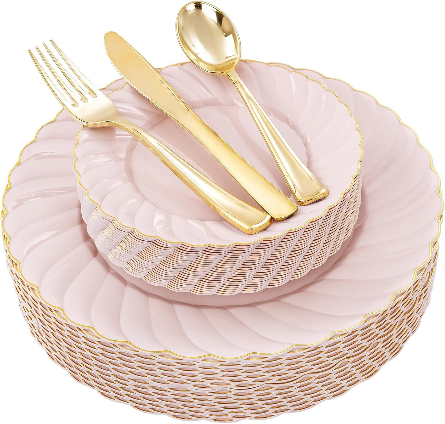 YOUBET 125Pcs Pink Plastic Plates with Gold Rim - Scalloped Plastic Plates Set Includes 25 Dinner, 25 Dessert Plate, 75 Gold Silverware for 25 Guests for Wedding Birthday Baby Shower Mothers Day