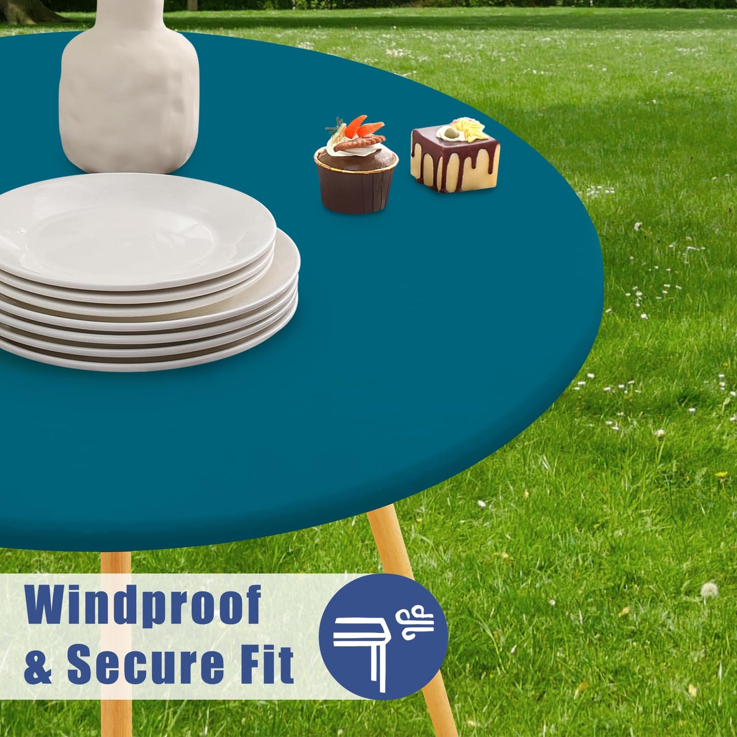 Moosfor Round Spandex Tablecloth, Elastic Fitted Waterproof Tablecloths for 42"-50" Tables, Stretch Washable Picnic Table Cover for Camping, Dining, Indoor and Outdoor,Peacock Blue