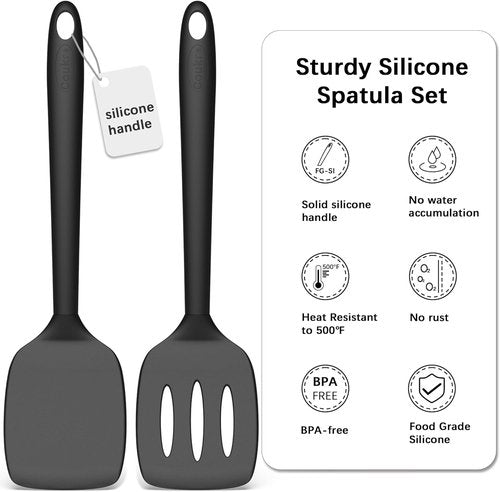 Coukre Silicone Spatula Set - High Heat Resistant, BPA Free | 2 Pack Solid & Slotted Turner, Pure Black