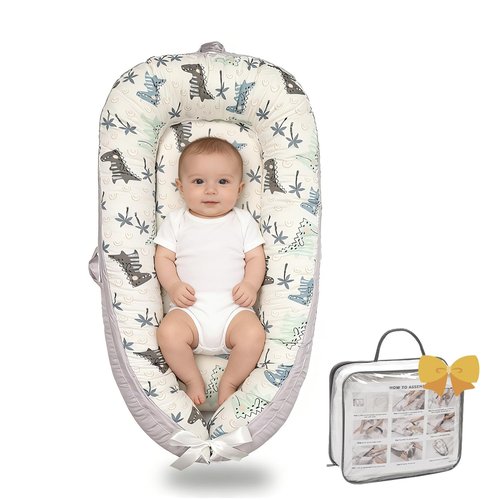 Infant Support Cushion - Breathable 100% Organic Cotton Tummy Time Mat | Portable Newborn Floor Cushion - Dinosaur World
