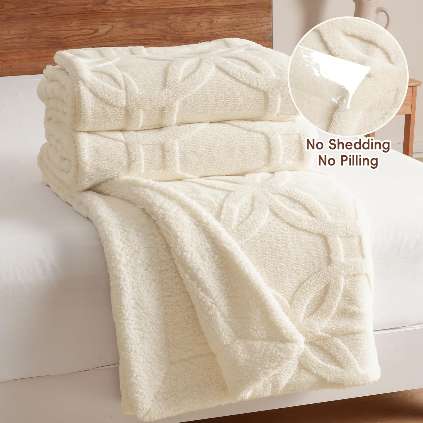 PHF Soft Sherpa Fleece Blanket King Size for Bed, 510GSM Fleece Lightweight Yet Warm Blanket, No Shed No Pilling, 108" x 90", Tufted Jacquard Cozy Thick Bed Throw for Home Decor, Cream