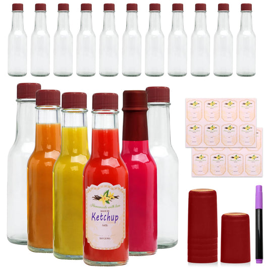 Brajttt 16 pcs 5oz Vanilla Extract Bottles for Homemade,Clear Woozy Bottles with Red Cap,Mini Oil Bottle with Shrink Band for Kitchen,Home Brewing Wine, Sauces and Beverages