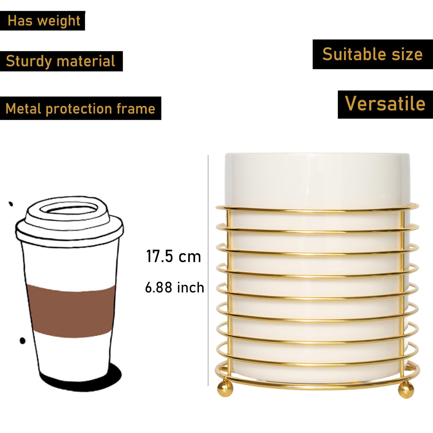 SIEBOLD Utensil Holder for Kitchen Counter Large Cooking Utensil Holder,Gold Ring Metal Frame and White Ceramics