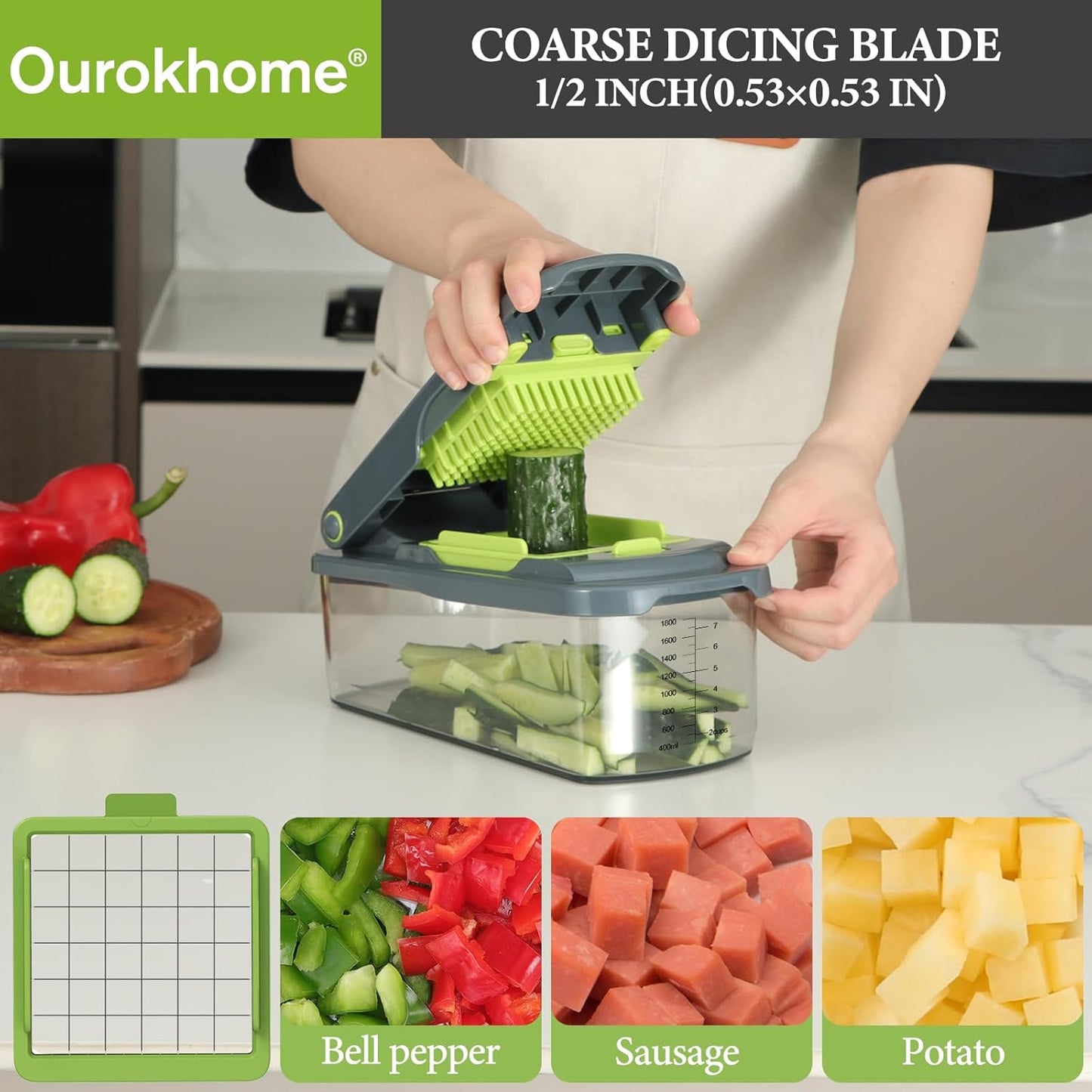 Ourokhome Vegetable Chopper - Manual Hand Dicer with 2 Blades for Potatoes, Onions & Carrots | 2-in-1 Gray Kitchen Gadget