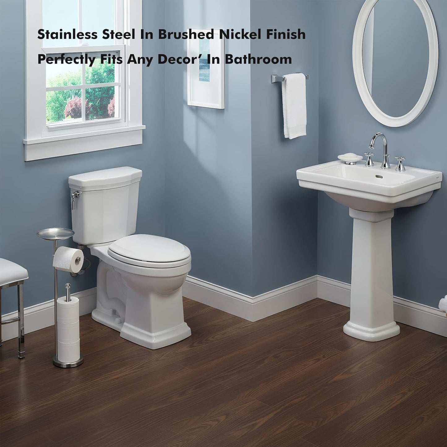 Skiennix Freestanding Toilet Paper Holder - Stylish Storage with Shelf for 4 Extra Rolls | Brushed Nickel