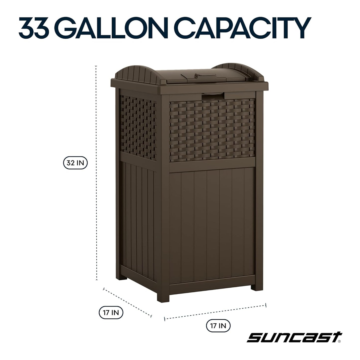 Suncast 33 Gallon Outdoor Trash Can - Lid Included for Garage, Backyard & Garden - Brown