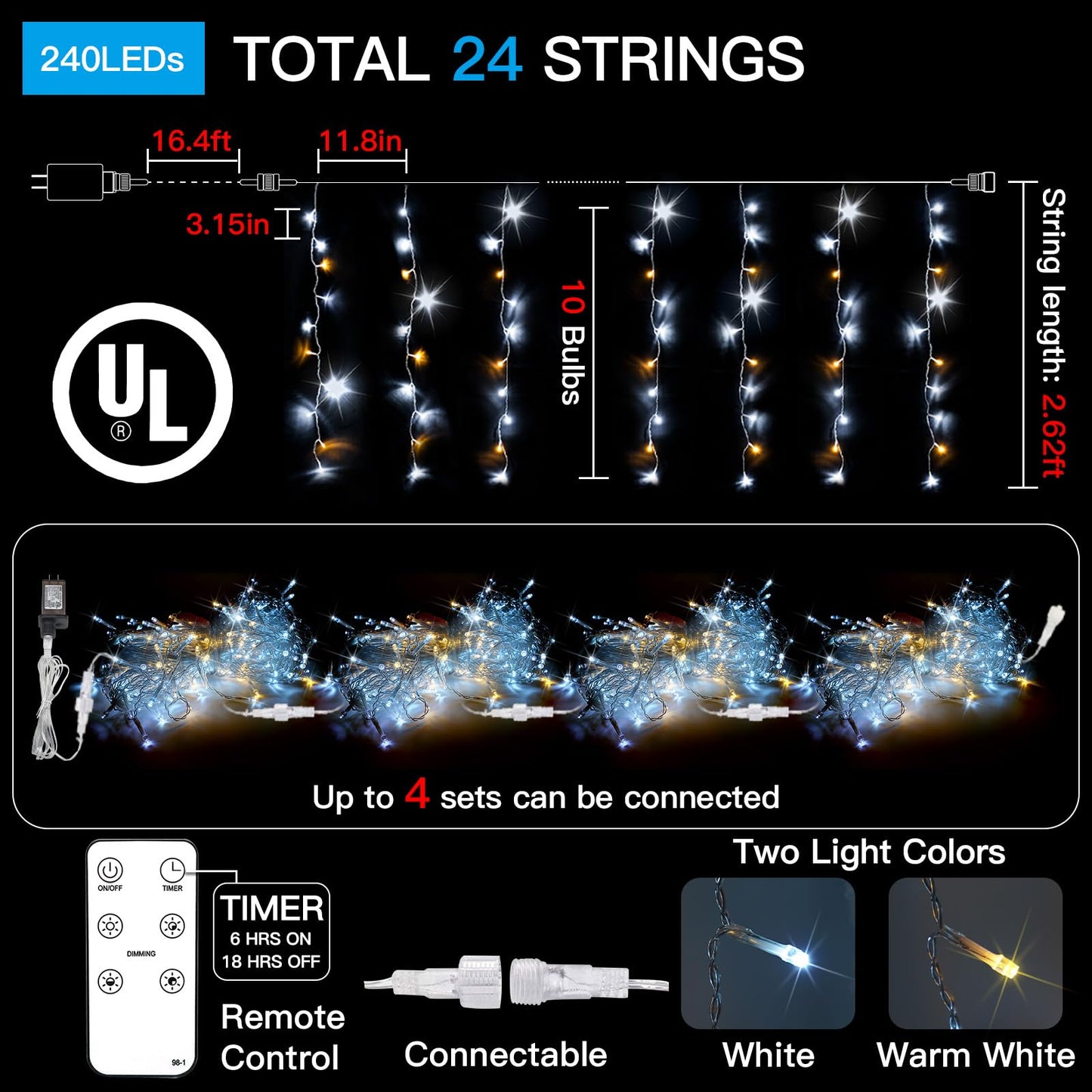 suddus Christmas Icicle Lights for Outside with 24 Drops, 23.6ft 240 Led Hanging String Lights Outdoor Waterproof, Plug in Connectable Christmas Twinkle Lights for House, Roof, Railing, Wedding Party