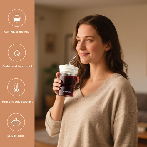 BLUEPOLAR 16oz/480ml Iced Coffee Cups With Lids And Straws,Reusable Leakproof Glass Tumbler,Water Bottles,Cold Brew,Drinking Jars For Juicing,Matcha,Tea,Smoothie For Travel,Office (Off-White)