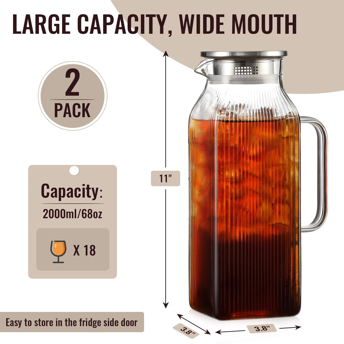 Snuvid 2 Pack 2 Liter/68 oz Square Glass Pitcher with Lid, Classic Stripes Water Pitchers with Handle for Fridge, Large Jug for Iced Tea, Borosilicate Glass Carafe for Hot/Cold Brew Drink, Silver
