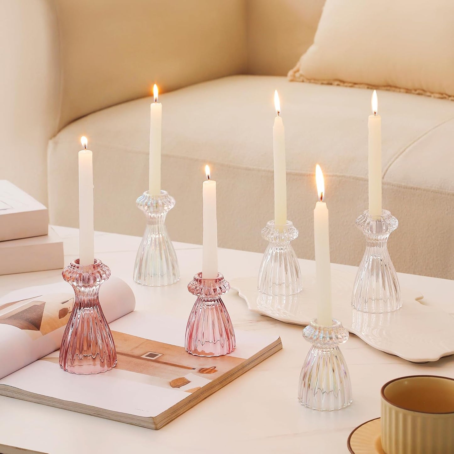 Lysenn Glass Candle Stick Holder Set of 3 - Elegant Taper Holders for Romantic Ambiance | Clear Decor