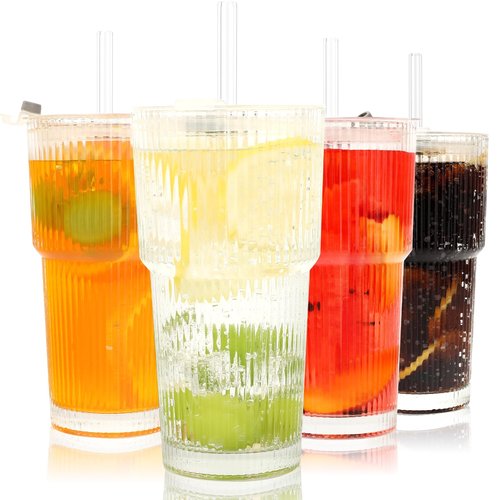 AiMQnLe 20 OZ Iced Coffee Cup With Lids and Straws,Vintage Glass Tumbler, Ribbed Glassware for Whiskey Cocktail Beer, Drinking Glasses