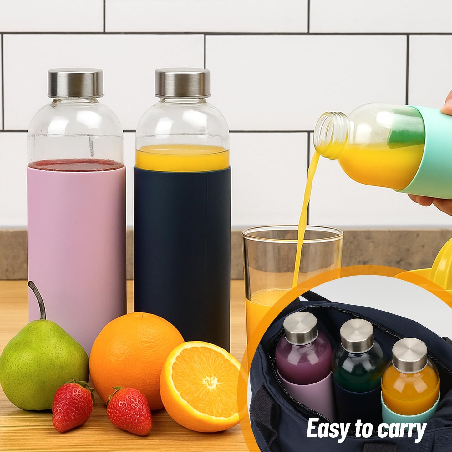 Luxfuel 32 oz Glass Juice Bottles with Lids and Silicone Sleeve, Reusable Refillable Water Bottles for Juicing, Refrigerator,100% Leak Proof, BPA Free, Clear Glass Set of 3